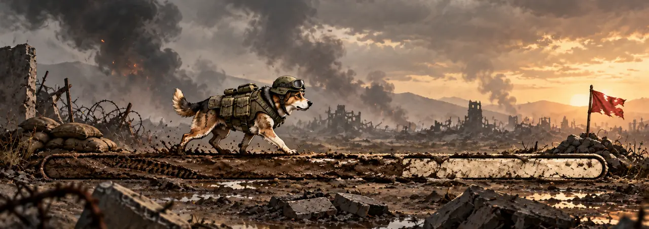 A dog in a helmet, goggles and a laden tactical vest trots across a muddy battlefield at dusk along a long bar sunk into the ground, only part of it filled, towards a red flag on a rubble mound, with ruined buildings and smoke on the horizon.