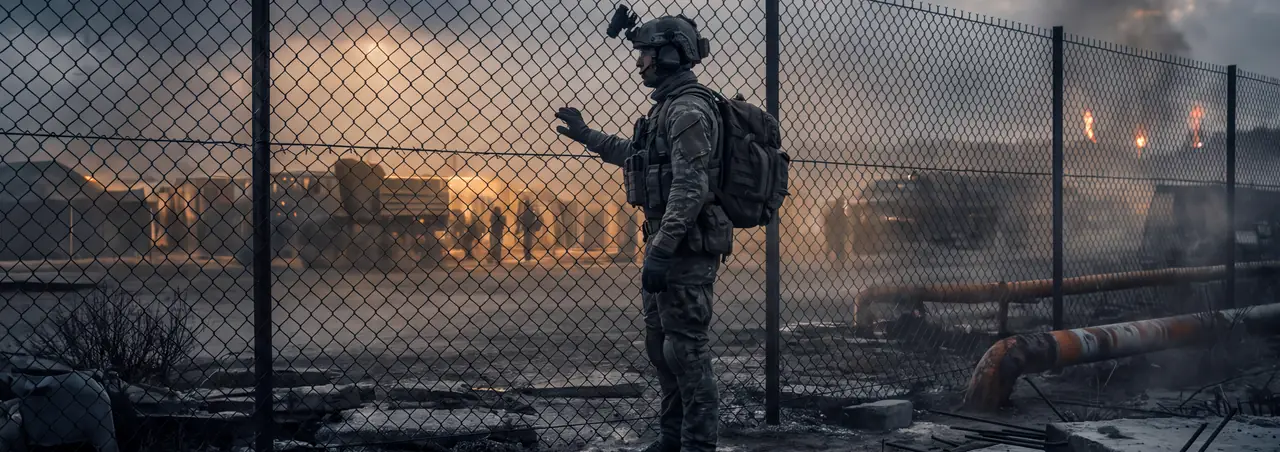 Un soldado equipado se detiene ante una alta valla metálica al anochecer, con una mano enguantada levantada hacia la malla, mirando una base iluminada donde otros soldados se reúnen junto a vehículos.