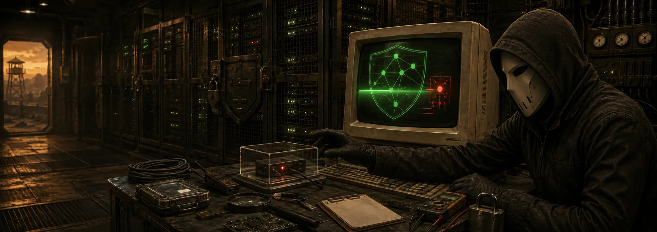 A hooded figure in a blank white mask at a CRT terminal showing a green shield of linked nodes with one red intrusion flagged, in a caged server room, a watchtower and sunset through the doorway behind.