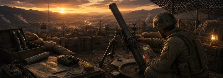 A soldier at a mortar position on a ridge at dusk, one hand on the traverse wheel, with a map board, compass and an ammunition crate beside him.