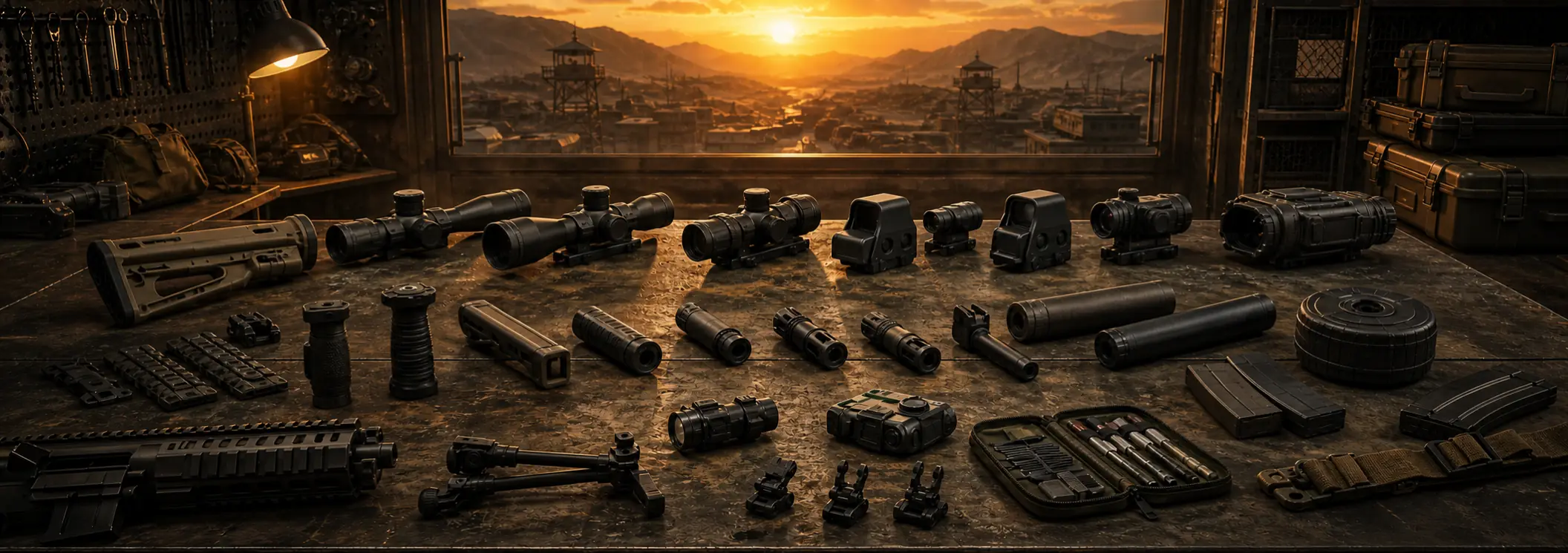 An armourer's bench laid out with scopes, red dots and holographic sights in a row, muzzle devices, foregrips and rail sections below them, magazines and a drum stacked to one side, and a ruined city at sunset through the window beyond.
