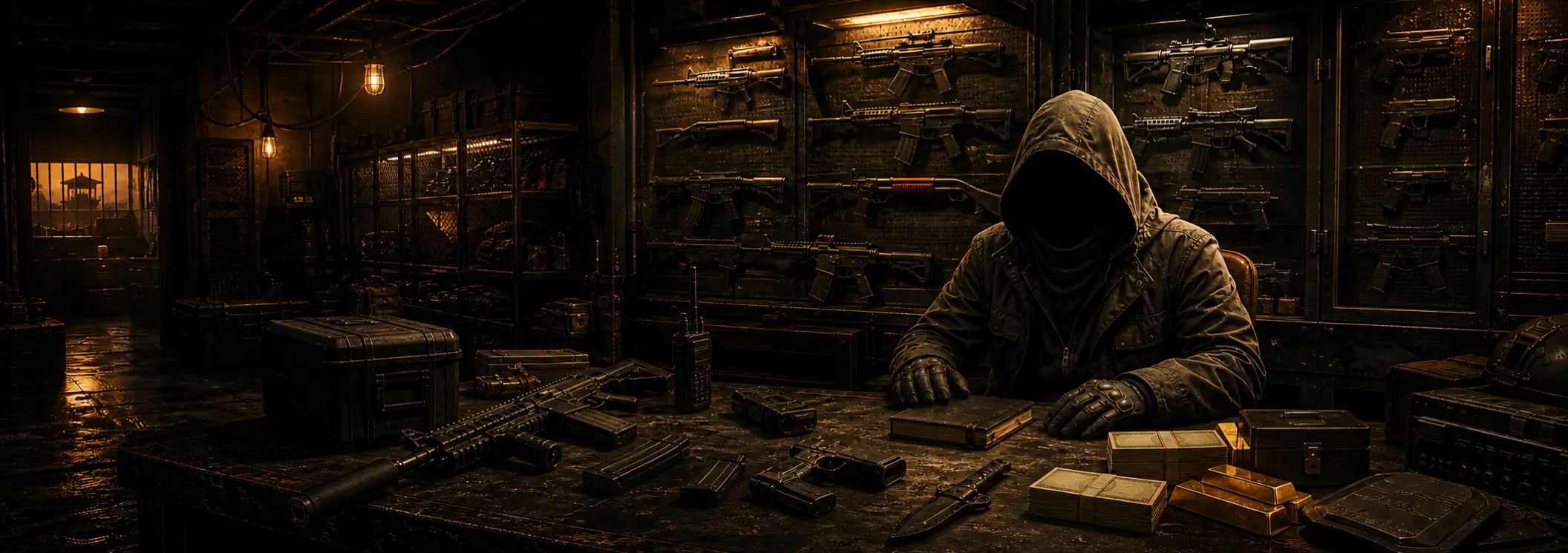 A hooded, faceless dealer at a counter of pistols, magazines, a suppressed rifle, a knife, banded cash and gold bars, with racked rifles filling the cage wall behind him.