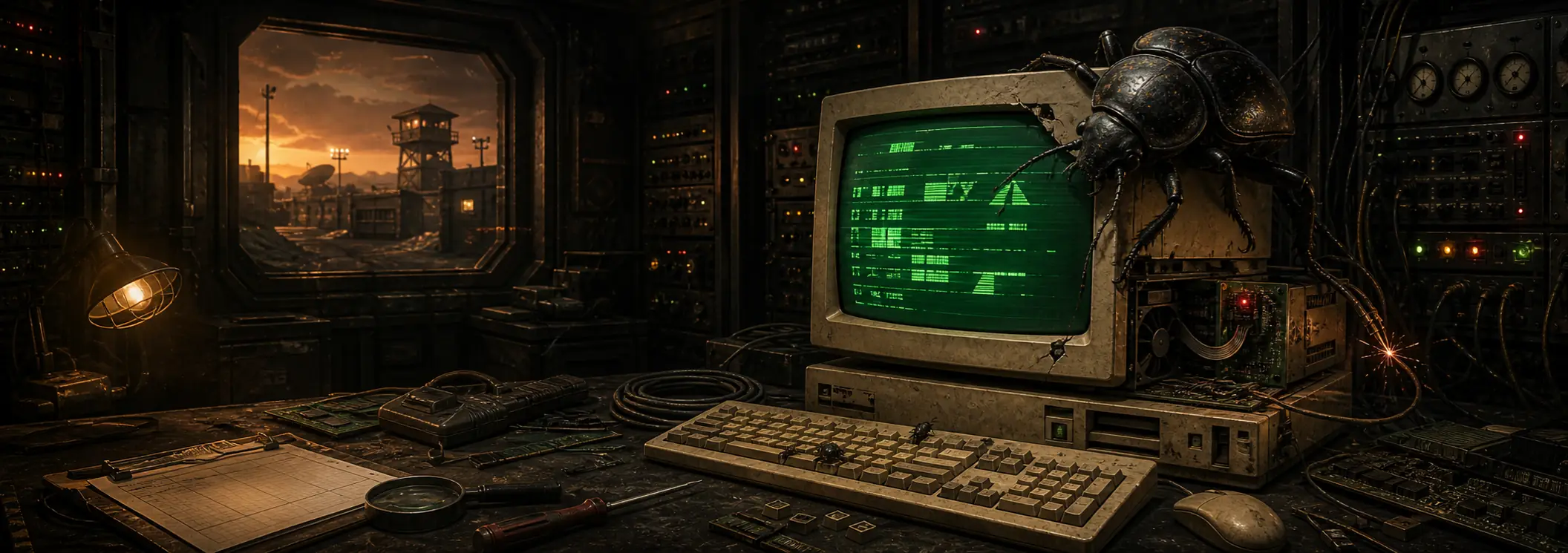 A bunker workshop bench at dusk: a battered CRT with a cracked bezel showing green error text, a large beetle perched on top of it and smaller ones on the keyboard, racks of blinking hardware behind, and a watchtower visible through the window at sunset.