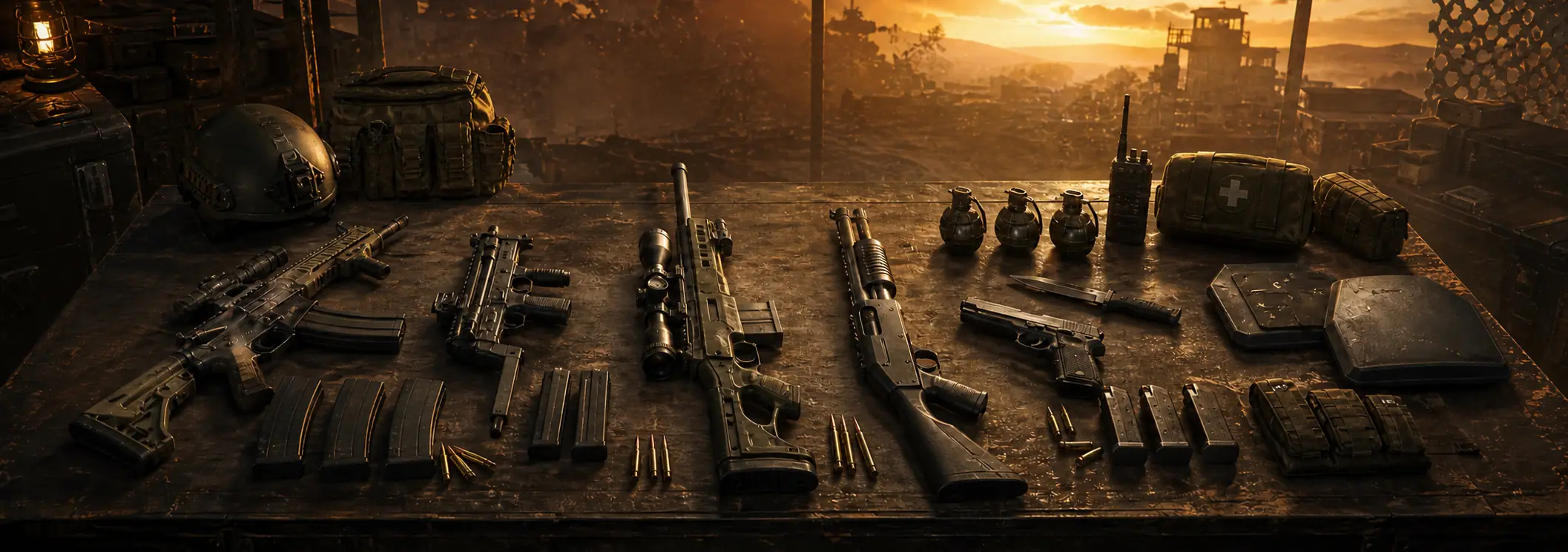 A full kit laid out on a bench: helmet, pack, four primary weapons with spare magazines, a sidearm, knife, grenades, a radio, a medical pouch and armour plates, with a ruined city at sunset beyond.