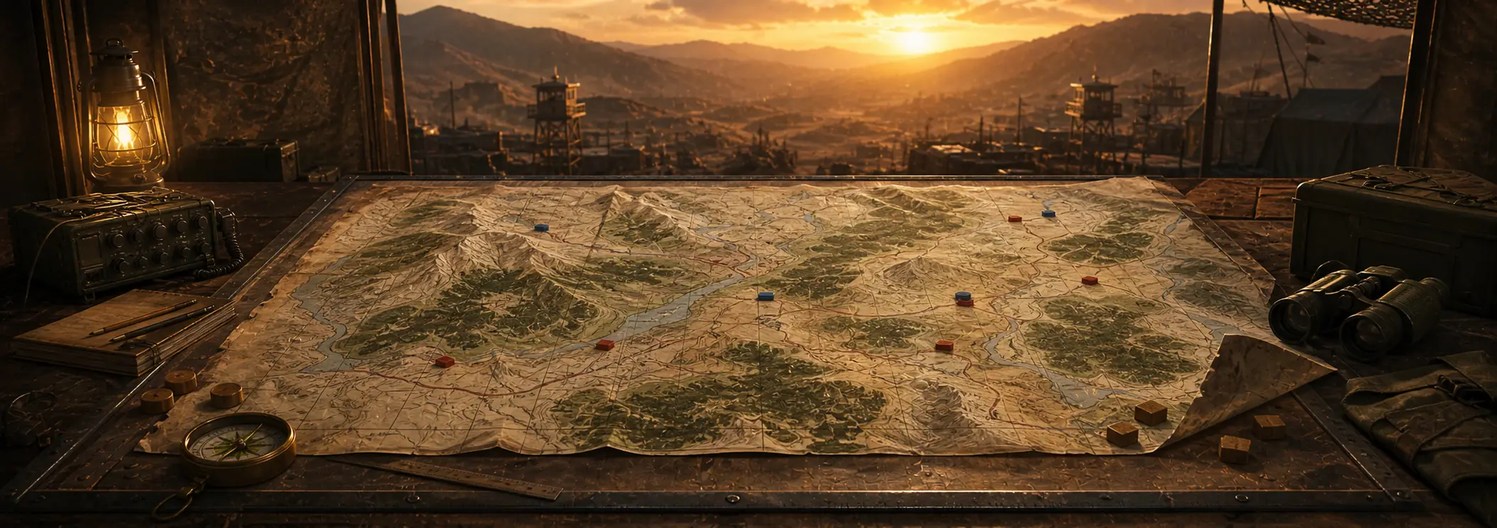 A paper topographic map spread across a command table, marked with red and blue unit counters, with a compass, binoculars, a field radio and a lit lantern around it, overlooking a valley at sunset.