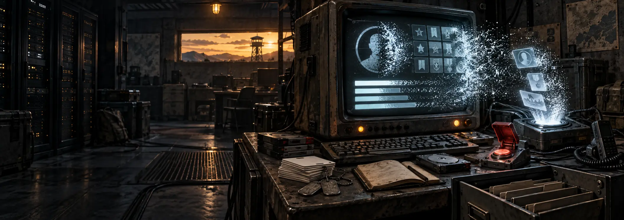 Un monitor CRT desgastado en una oficina de campaña al atardecer, con un perfil de soldado y filas de insignias deshaciéndose en chispas, junto a un botón rojo de reinicio y un cajón con placas de identificación y expedientes.