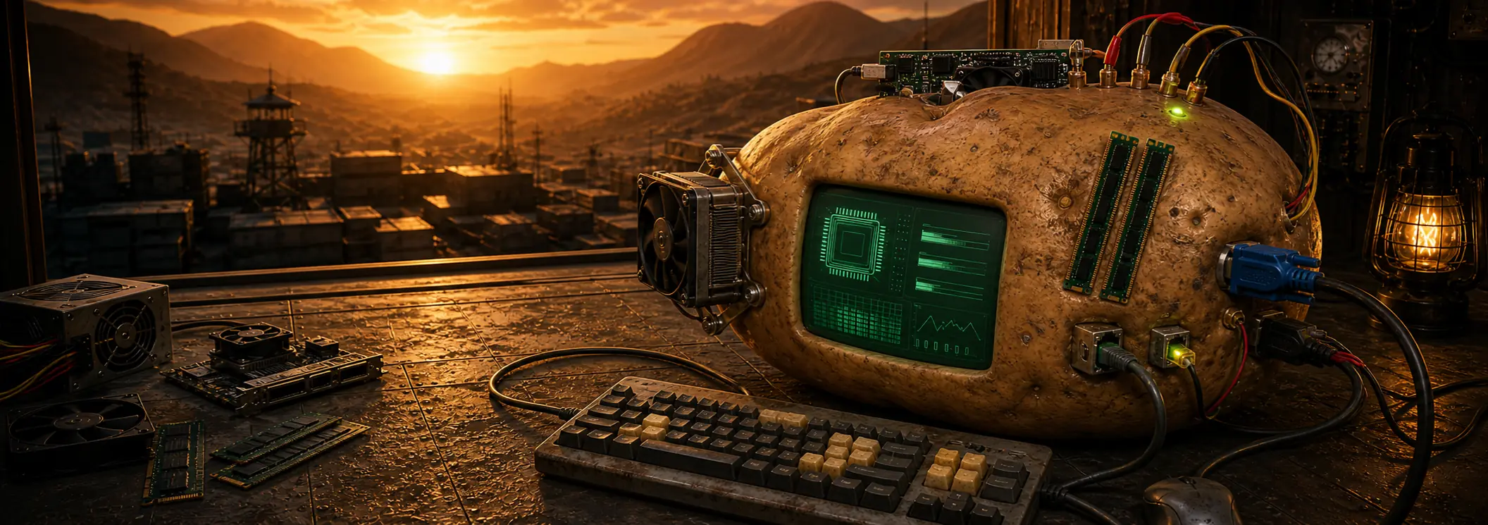 A single enormous potato wired up as a PC — a hardware readout set into its skin, memory sticks pushed into one side, a CPU cooler bolted to the other — on a workbench overlooking a military outpost at sunset.