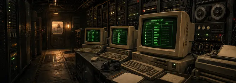 A row of CRT terminals showing a green server list with ping and map columns, in a bunker lined with server racks and blinking indicator lights.