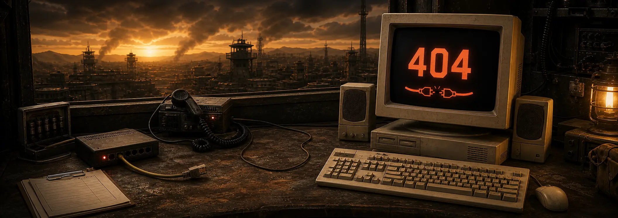 A grimy CRT monitor on a scavenged desk showing a red 404 and a severed cable icon, beside a field telephone and a router with lit indicators, overlooking a ruined industrial skyline at sunset.