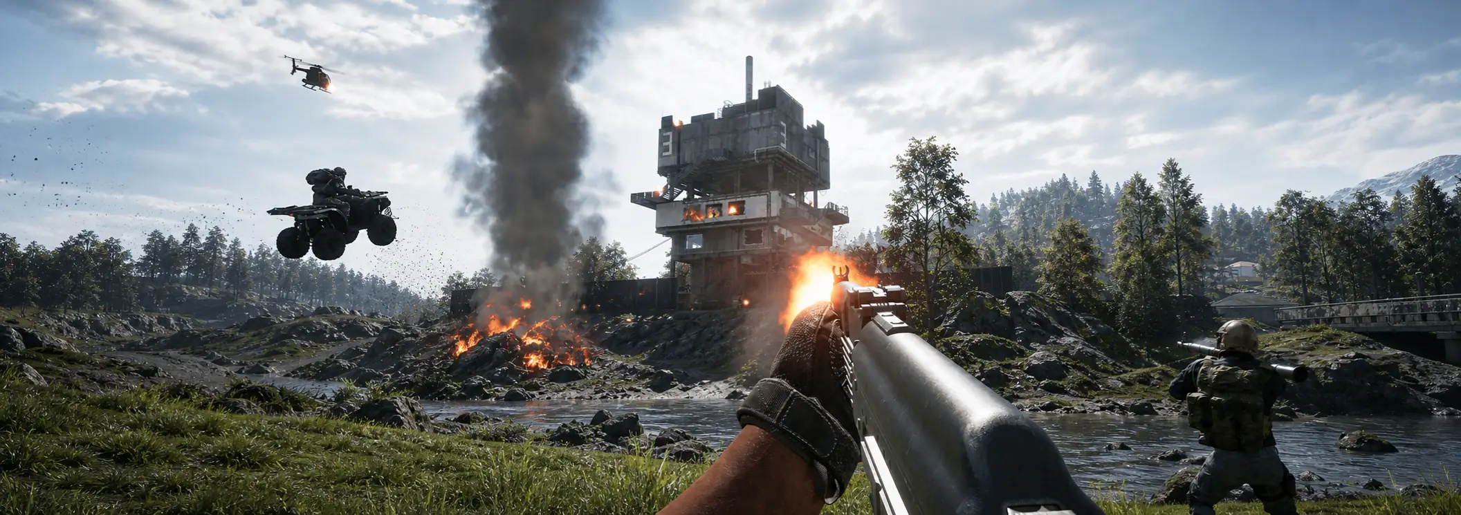 A first-person view across a river valley: a rifle firing, a quad bike jumping a ridge, a helicopter overhead and a burning concrete tower at the centre of the fight.