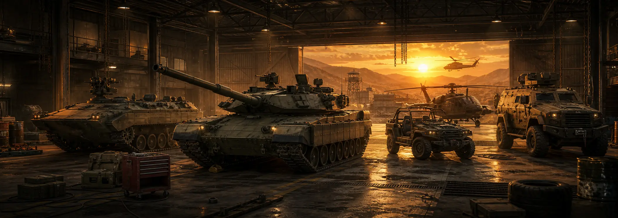 Un hangar de mantenimiento al atardecer con un carro de combate y un transporte oruga aparcados a la izquierda, un buggy y un camión blindado a la derecha, y dos helicópteros en la pista al fondo.