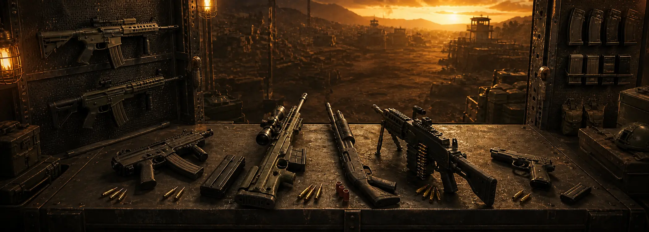 An armoury bench laid with assault rifles, a scoped sniper rifle, a shotgun, a light machine gun and a sidearm, with loaded magazines racked on the walls and a ruined city at sunset beyond.